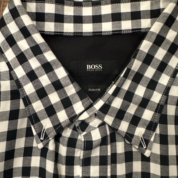Hugo Boss Mens Long Sleeve Button Up White Black Checkered Large - Picture 2 of 5